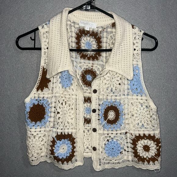 Rebellion Vest Womens Small Knit Boho Collard Crochet Layering Granny - Picture 1 of 4